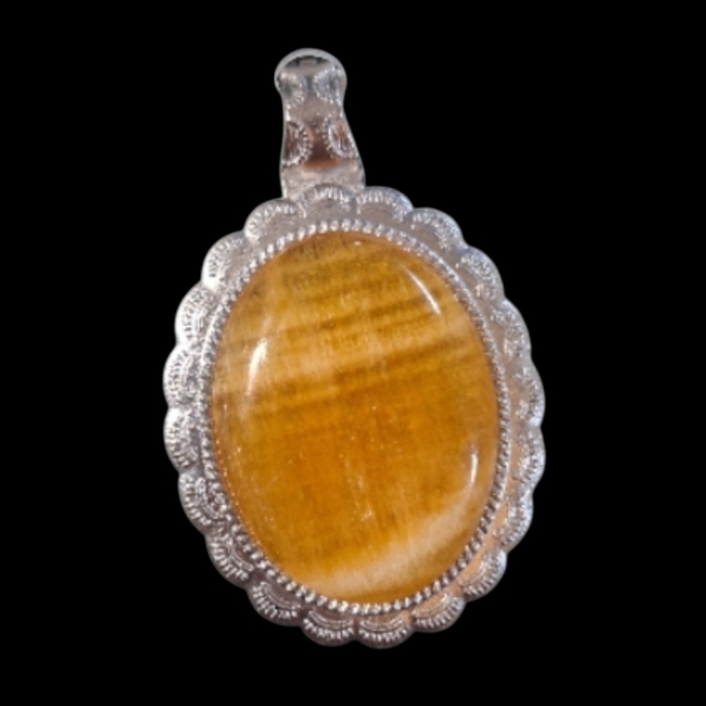 Tiger's Eye Silvertone Oval Pendant - Vintage Inspired